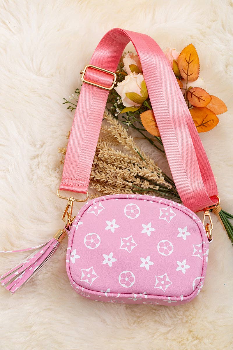 Pink Star Print Mini Crossbody Purse | Trendy Girls Shoulder Bag with Wide Strap