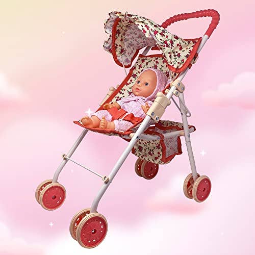 NYDC Folding Floral Doll Umbrella Stroller | Reborn & Silicone Doll Travel Pram