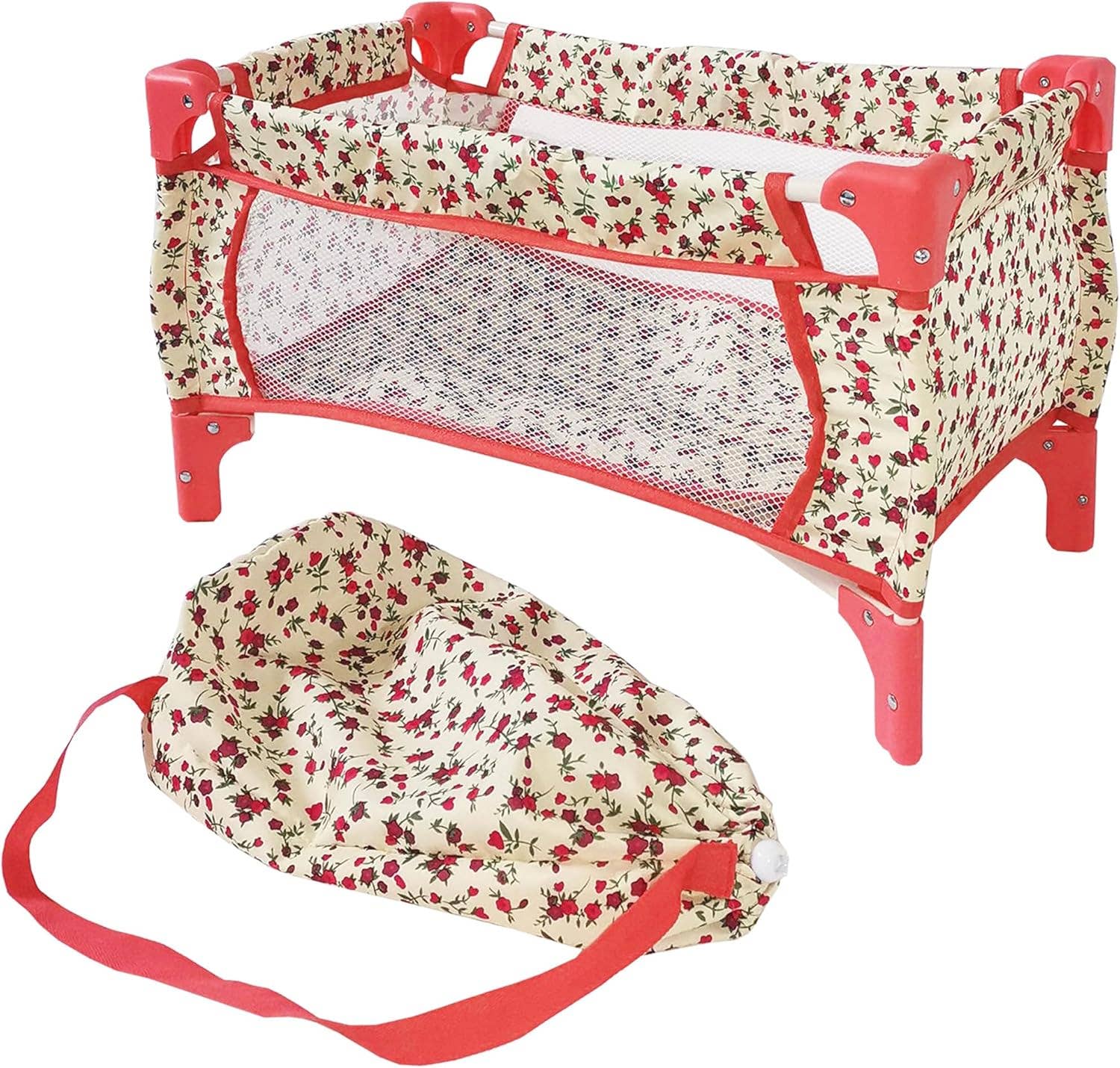 NYDC Doll Fold n' Store Pack N' Play - Beige Floral | 18 Inch Doll Playpen