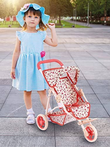 NYDC Floral Doll Jogging Stroller | Reborn & Silicone Doll Pram with Canopy