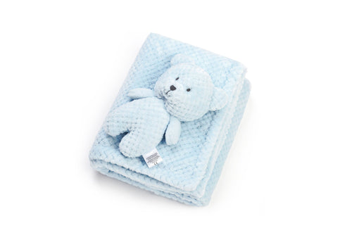 Blue Baby Blanket with Bear Plush Toy