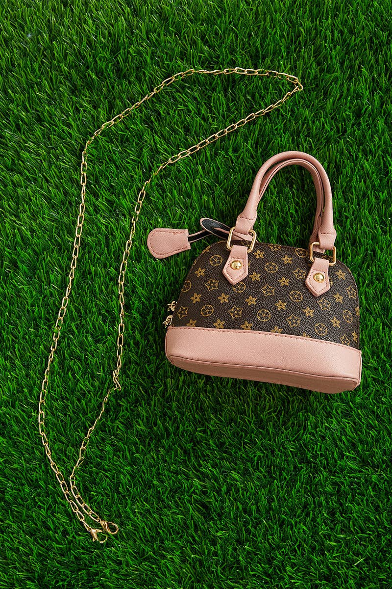 Brown Star Print Mini Purse | Wide Strap Crossbody Bag with Pink Trim for Girls & Tweens
