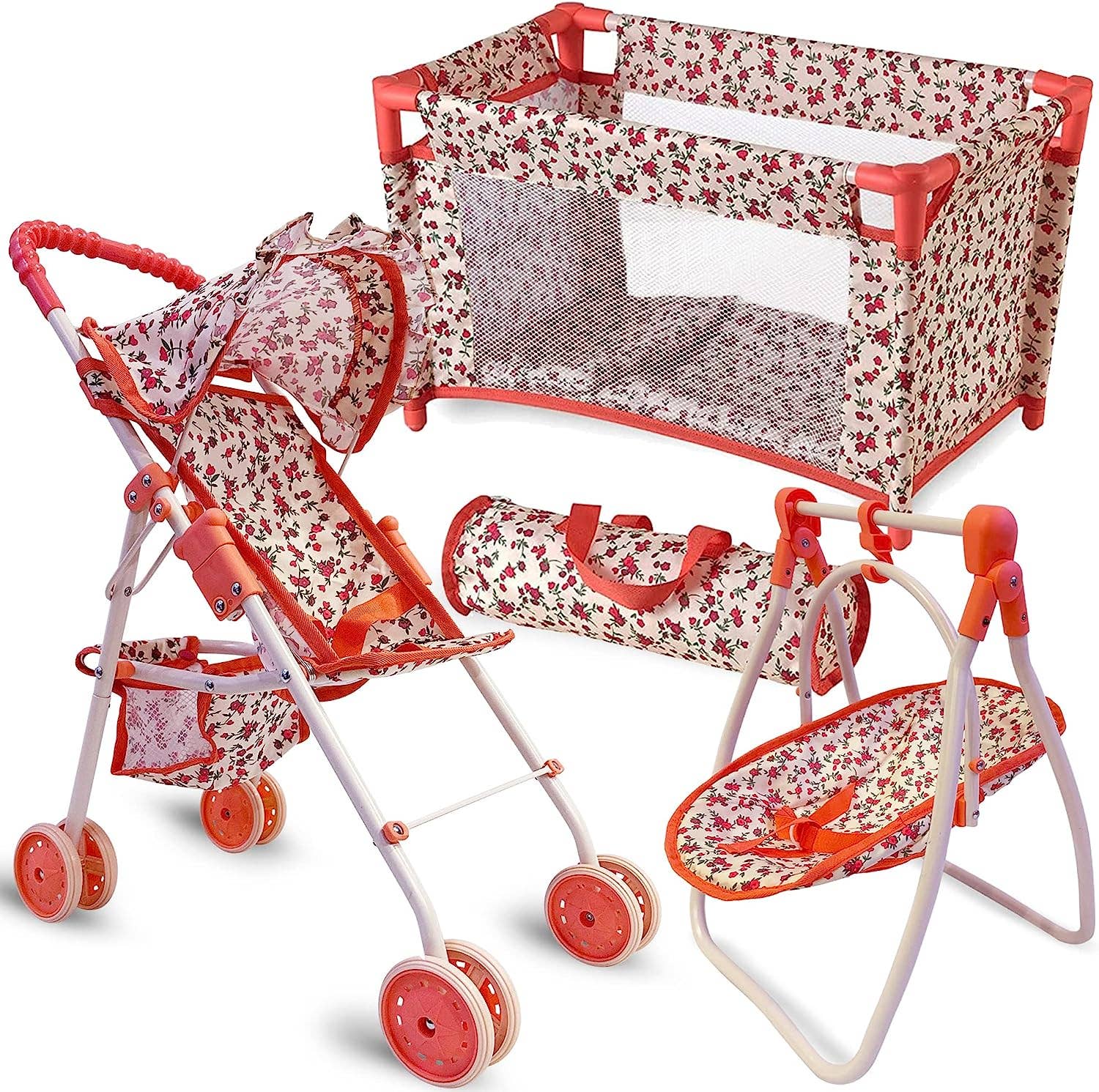 NYDC 3-in-1 Baby Doll Furniture Set - Floral | Doll Stroller, Swing & Pack N' Play