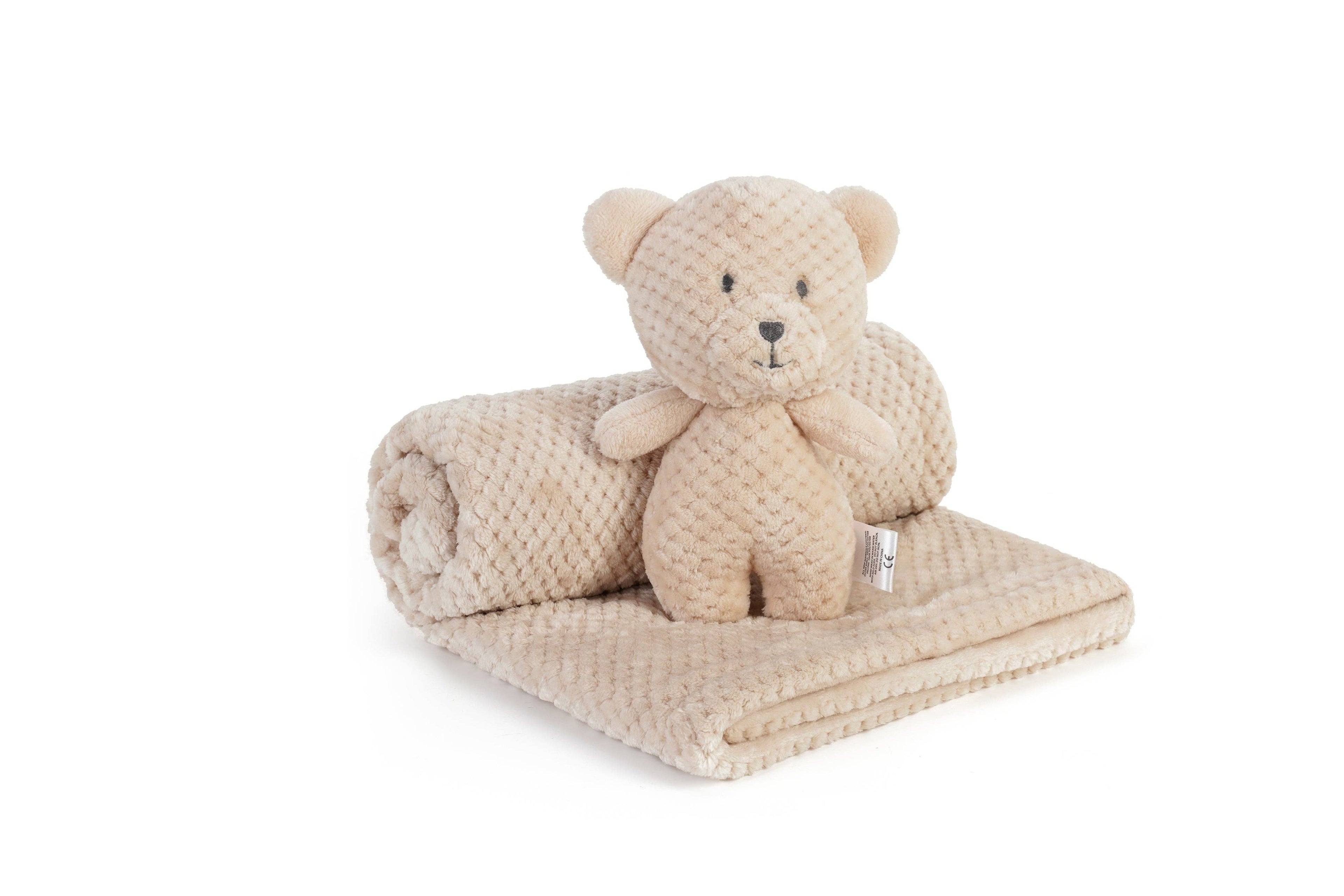 Beige Baby Blanket with Bear Plush Toy