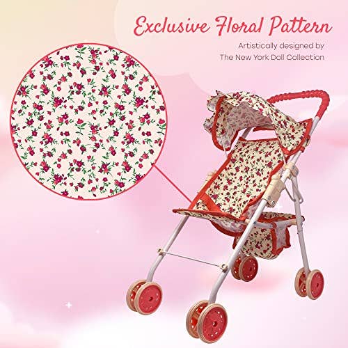 NYDC Folding Floral Doll Umbrella Stroller | Reborn & Silicone Doll Travel Pram