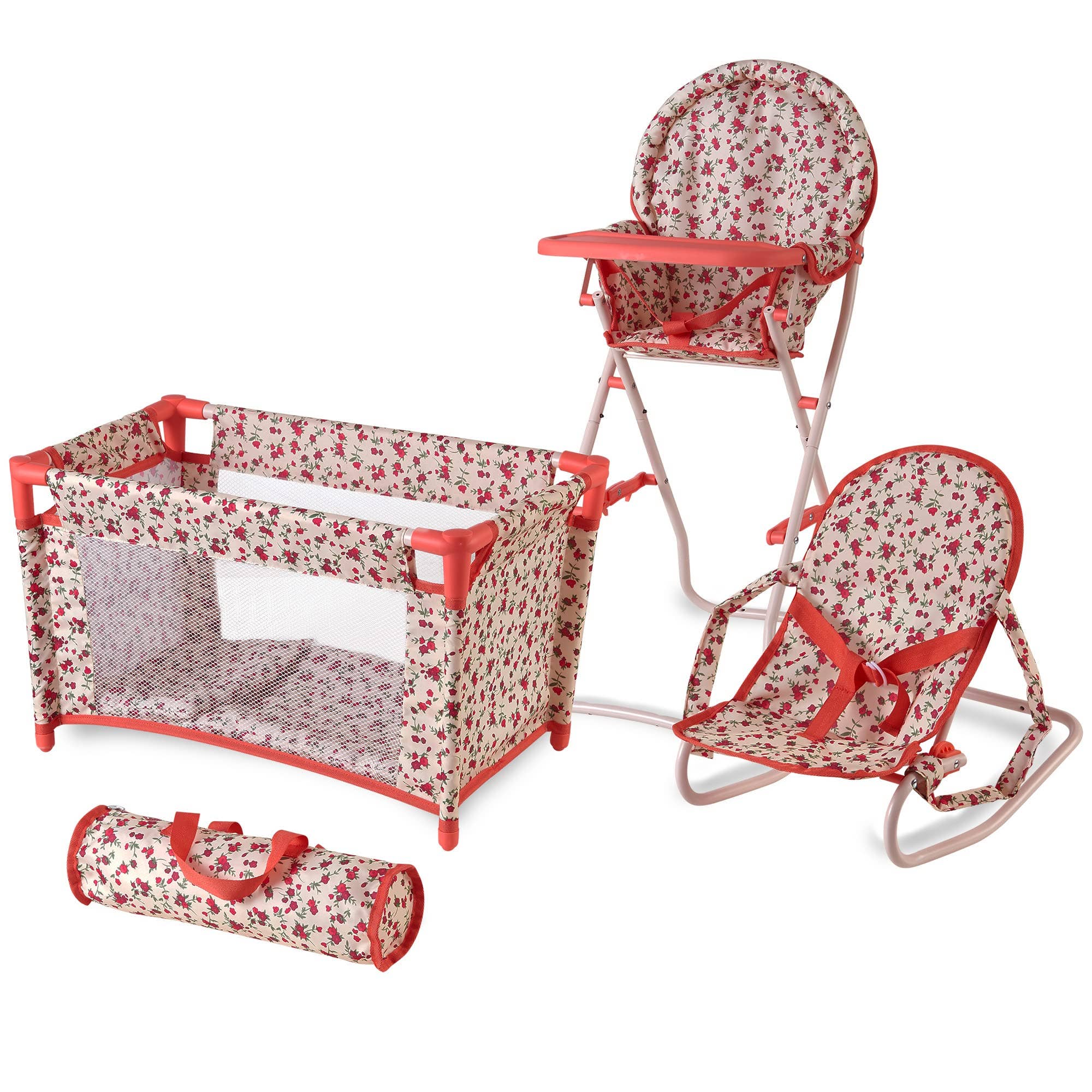 NYDC 3-in-1 Doll Nursery Playset - High Chair, Bouncer & Pack N Play | Floral