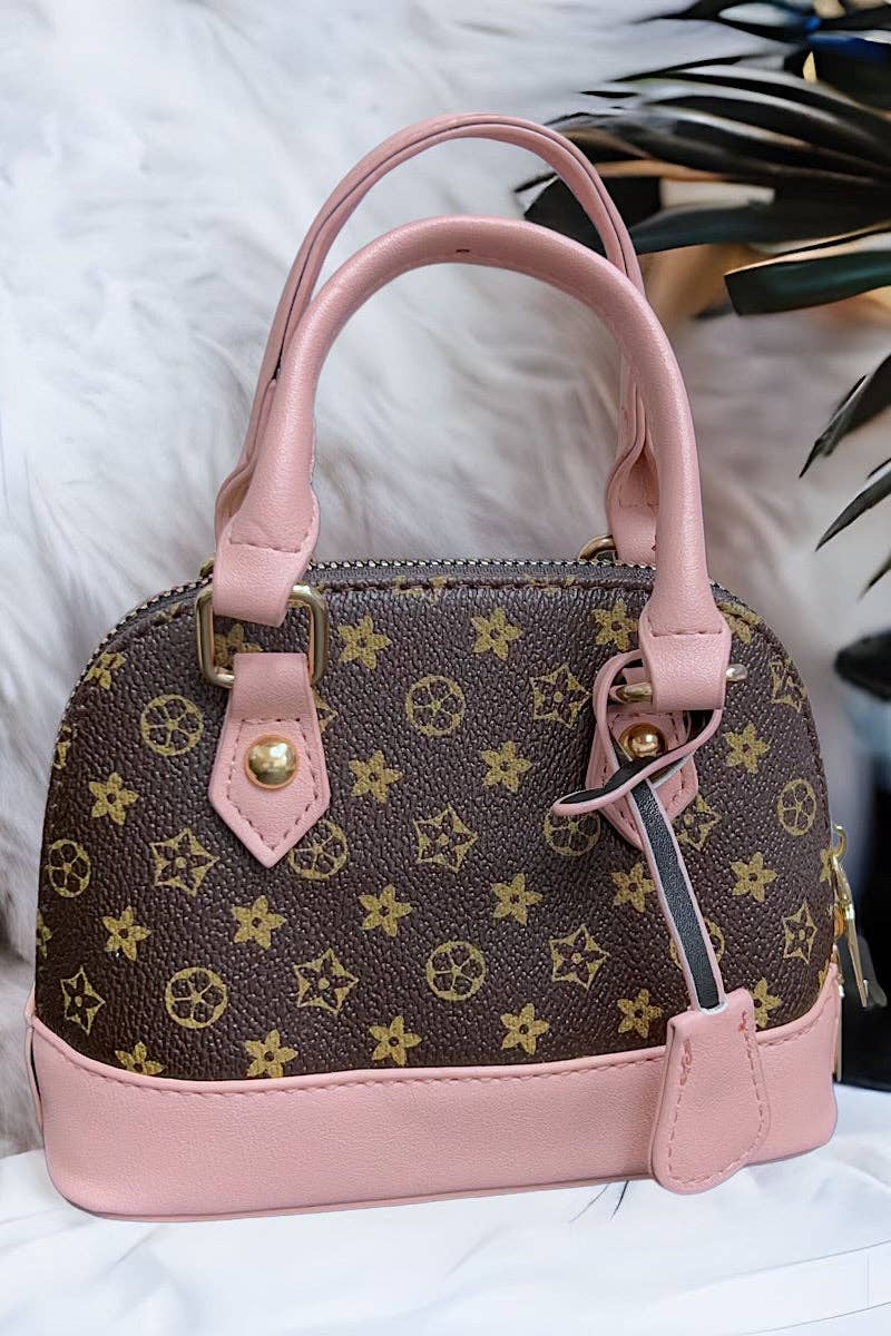 Brown Star Print Mini Purse | Wide Strap Crossbody Bag with Pink Trim for Girls & Tweens