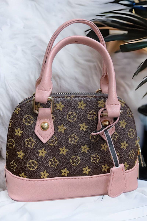 Brown Star Print Mini Purse | Wide Strap Crossbody Bag with Pink Trim for Girls & Tweens