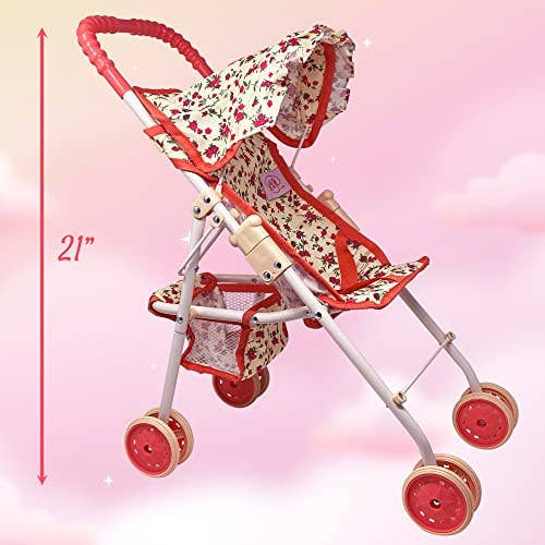 NYDC Folding Floral Doll Umbrella Stroller | Reborn & Silicone Doll Travel Pram