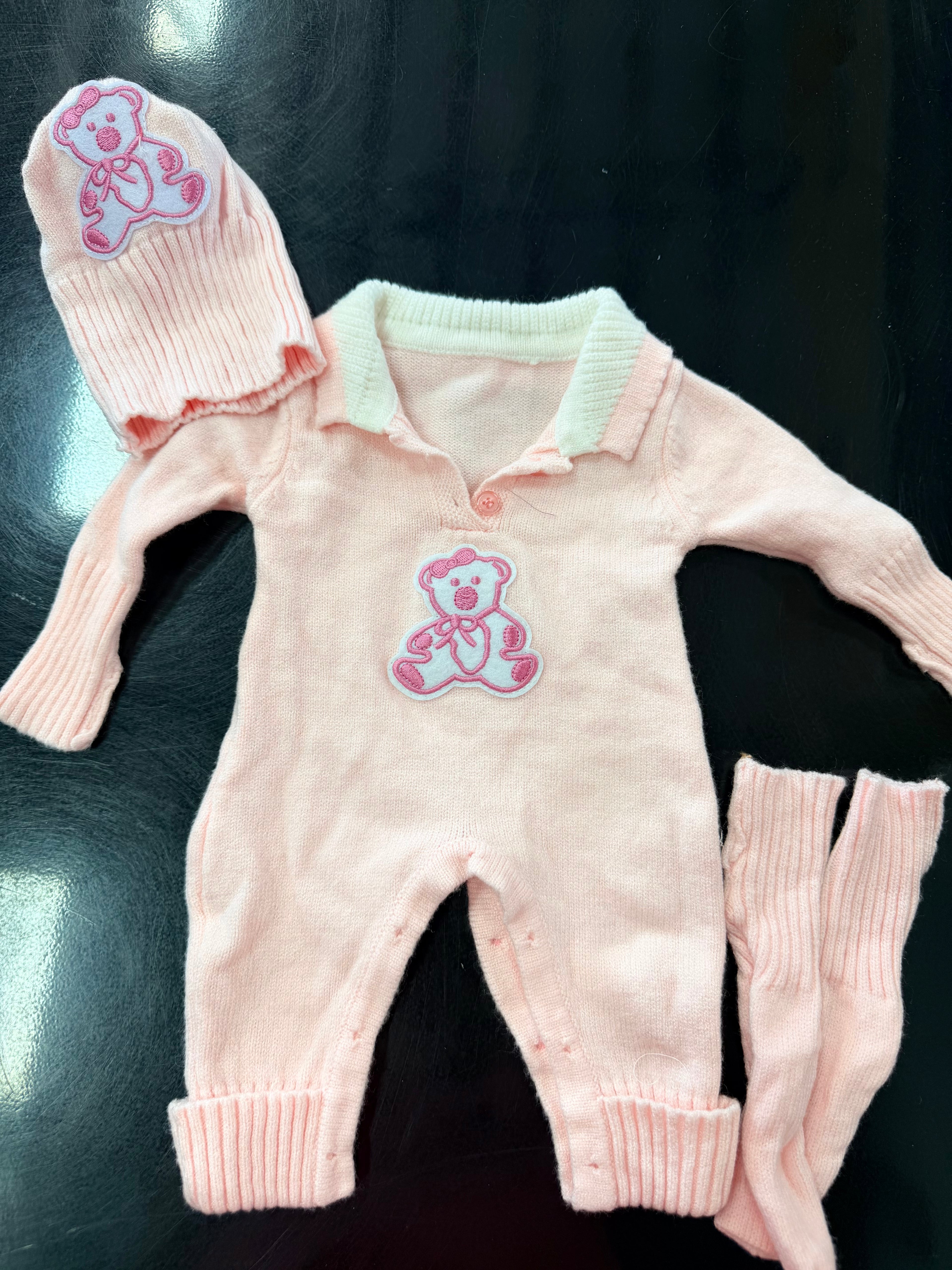 Pink Knit Teddy Bear Sleeper with Hat