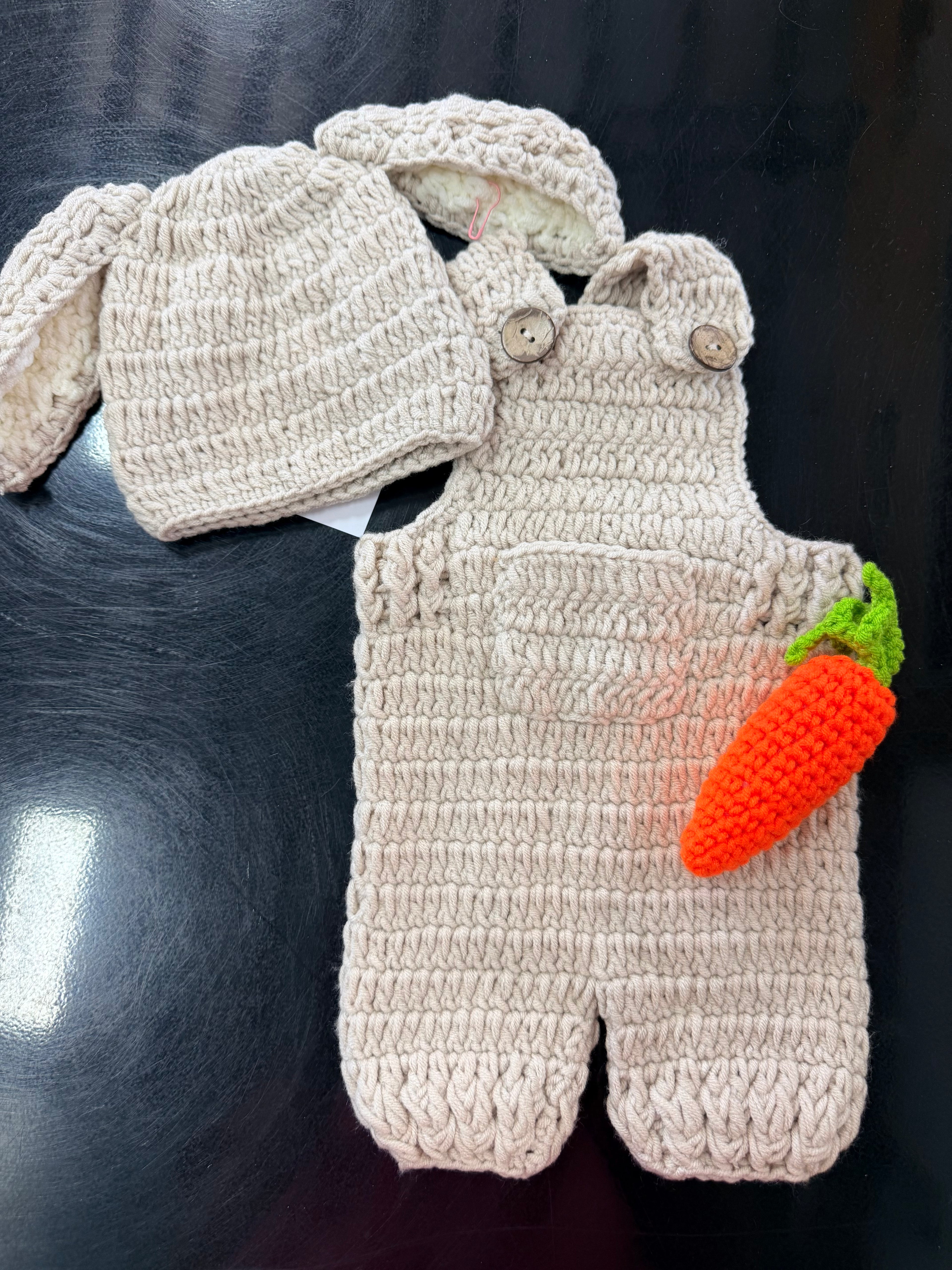Crochet Overalls Set with Bunny Hat & Carrot Toy