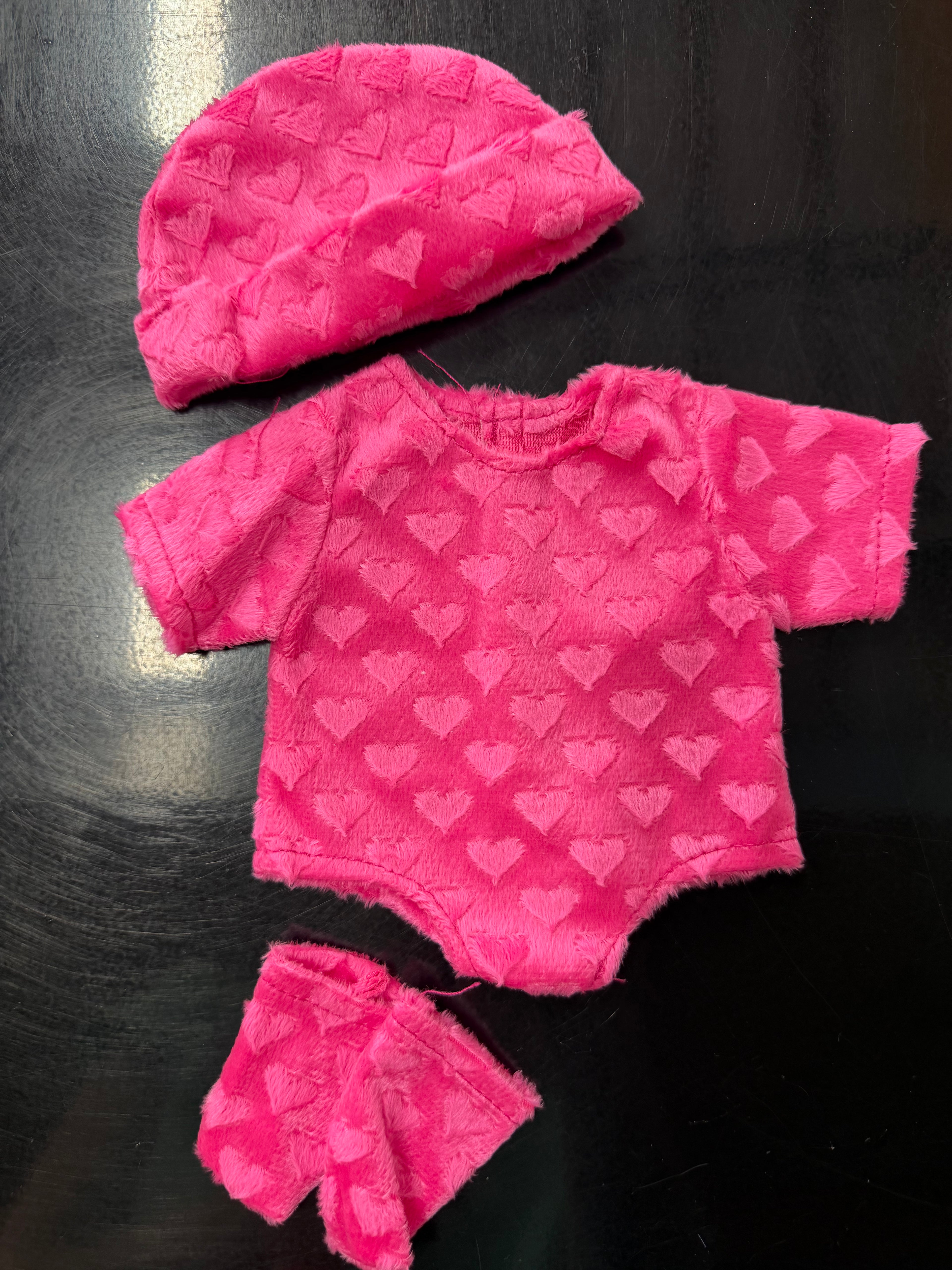 Velvet Heart Onesie, Hat & Booties Set