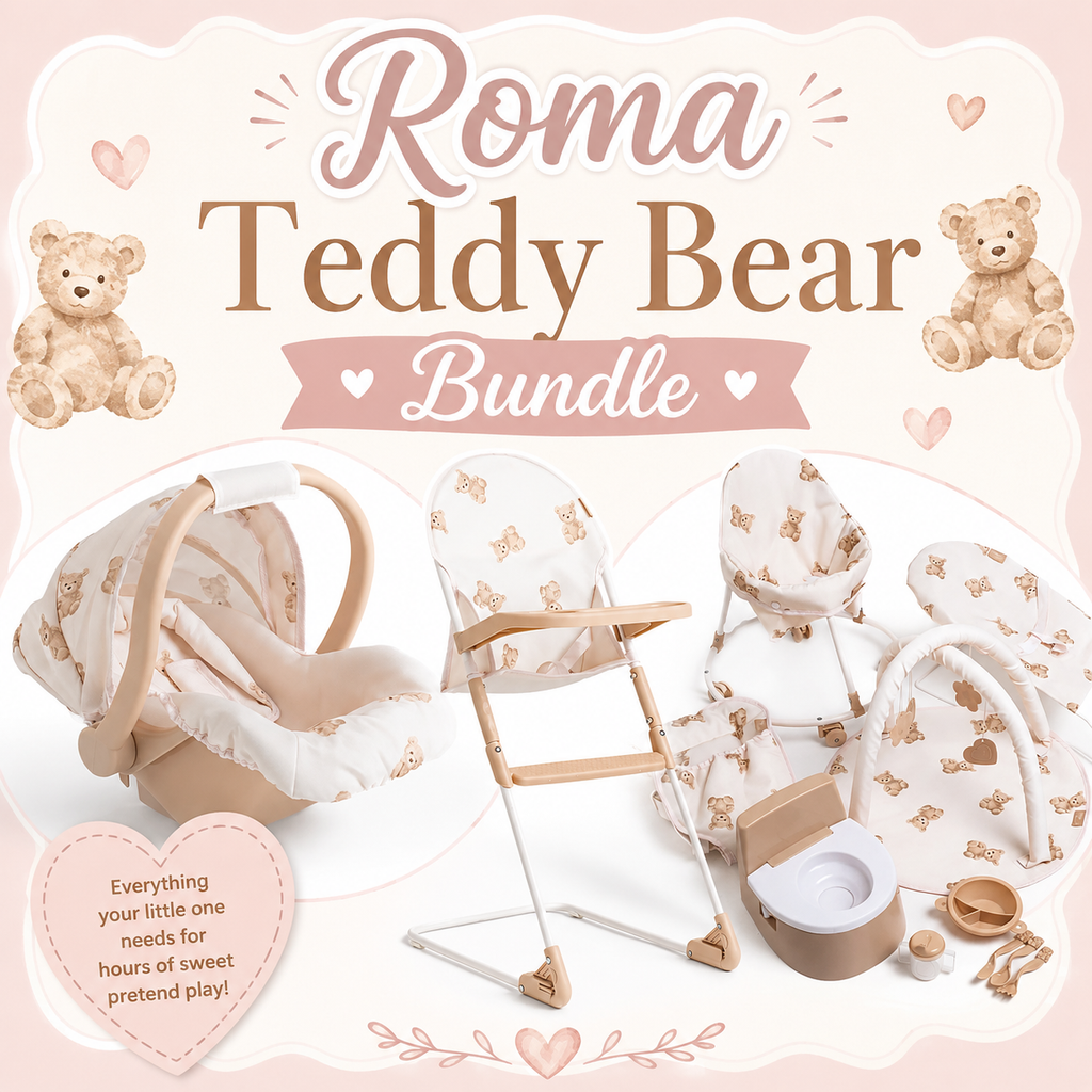 Roma Teddy Bear Bundle – 10-Piece Nursery Playset, High Chair & Car Seat