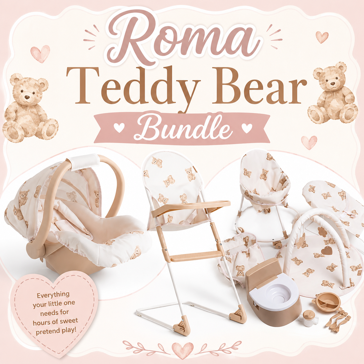 Roma Teddy Bear Bundle – 10-Piece Nursery Playset, High Chair & Car Seat