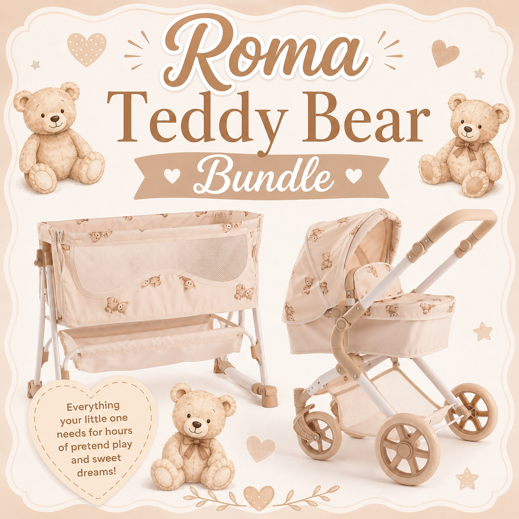 Roma Teddy Bear Bundle – Single Doll Pram & Bedside Crib Set