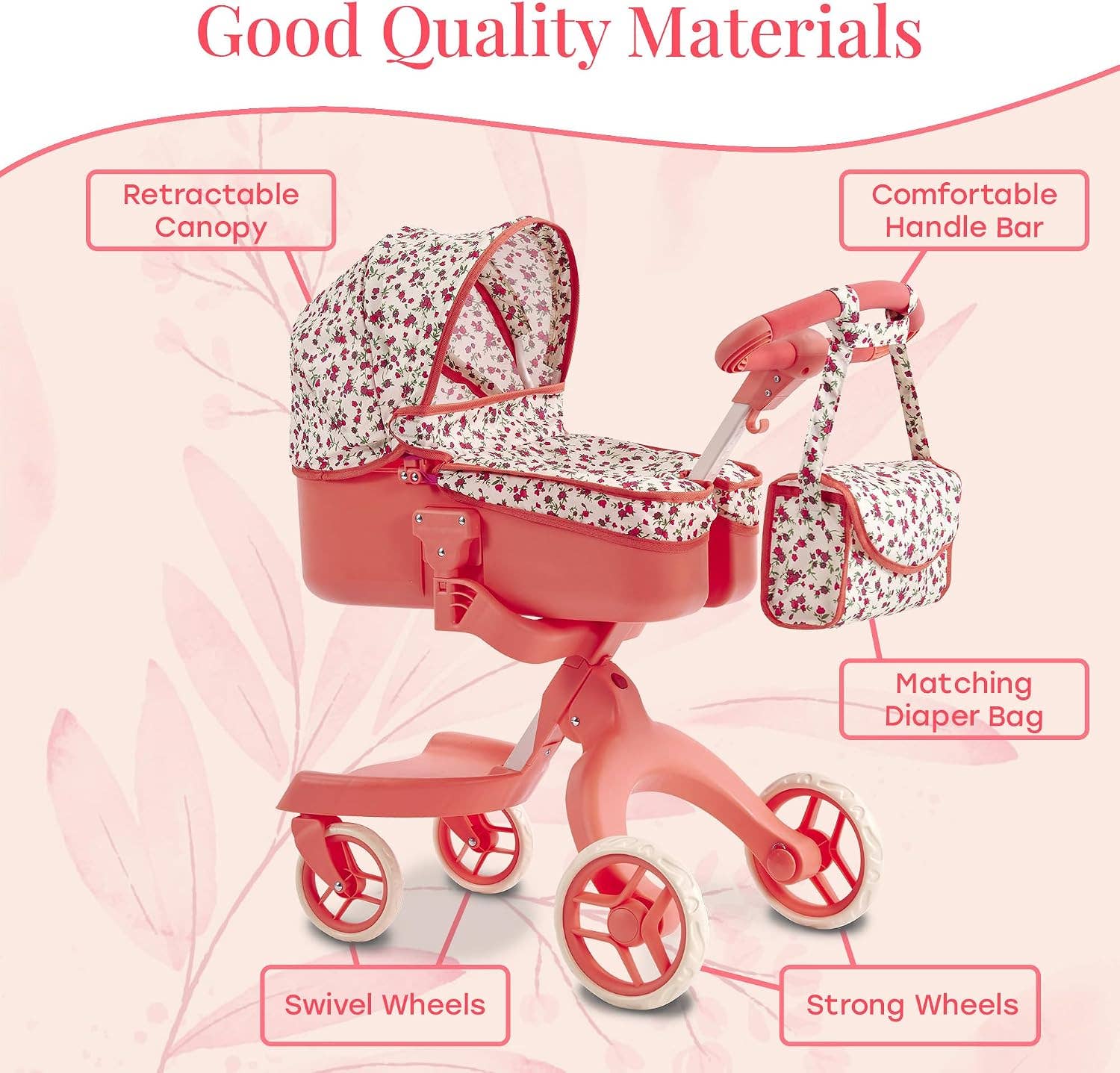 NYDC Deluxe Doll Stroller with Matching Diaper Bag | Reborn & Silicone Doll Pram