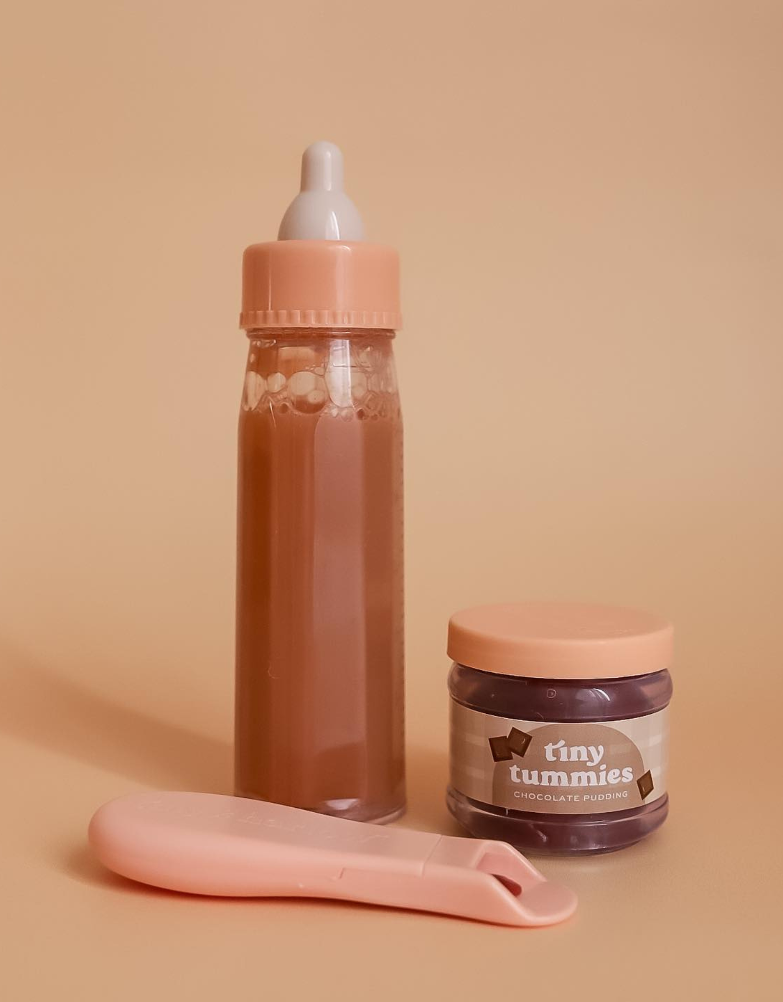 Tiny Tummies Chocolate Milk & Pudding Doll Feeding Set | Magic Bottle & Spoon