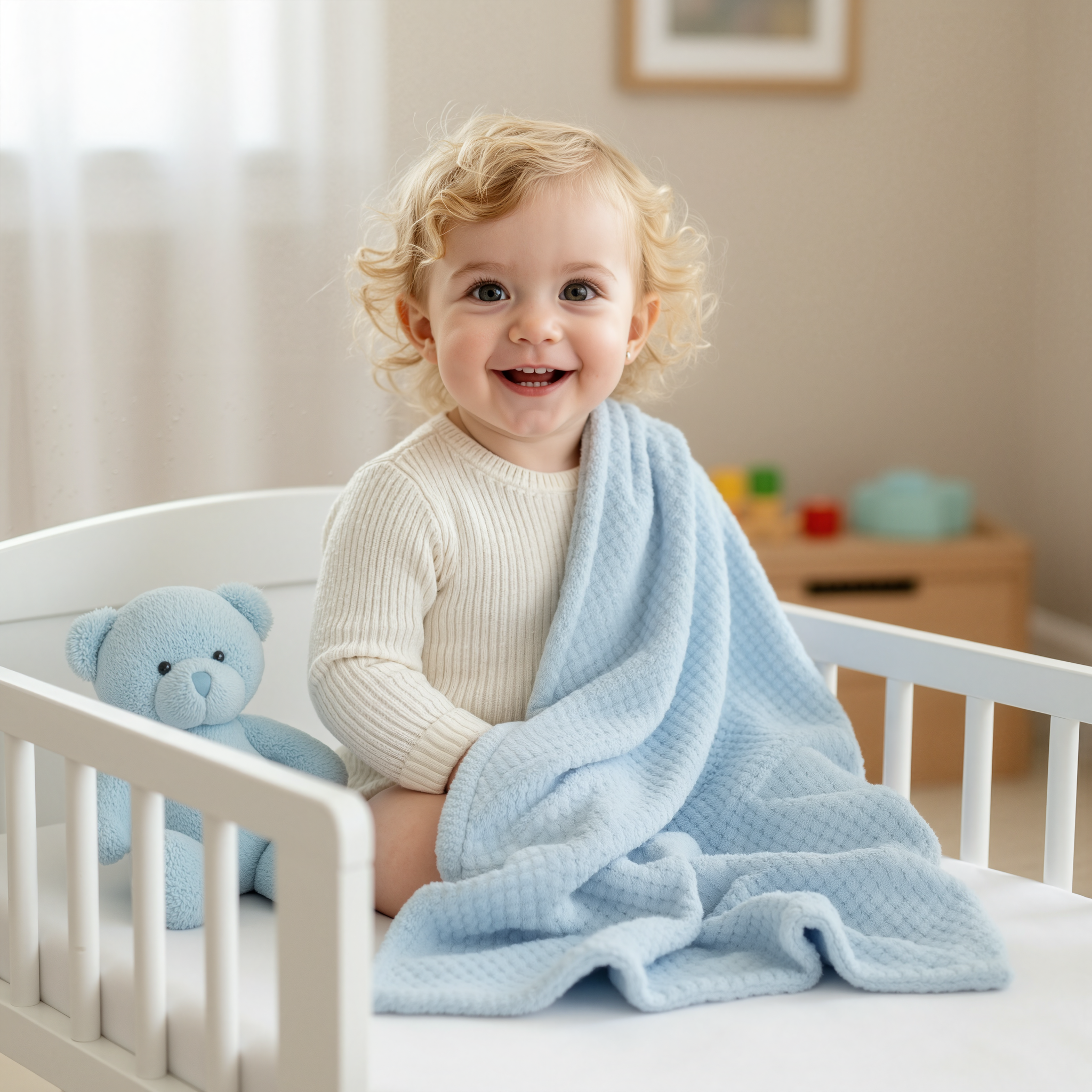 Blue Baby Blanket with Bear Plush Toy