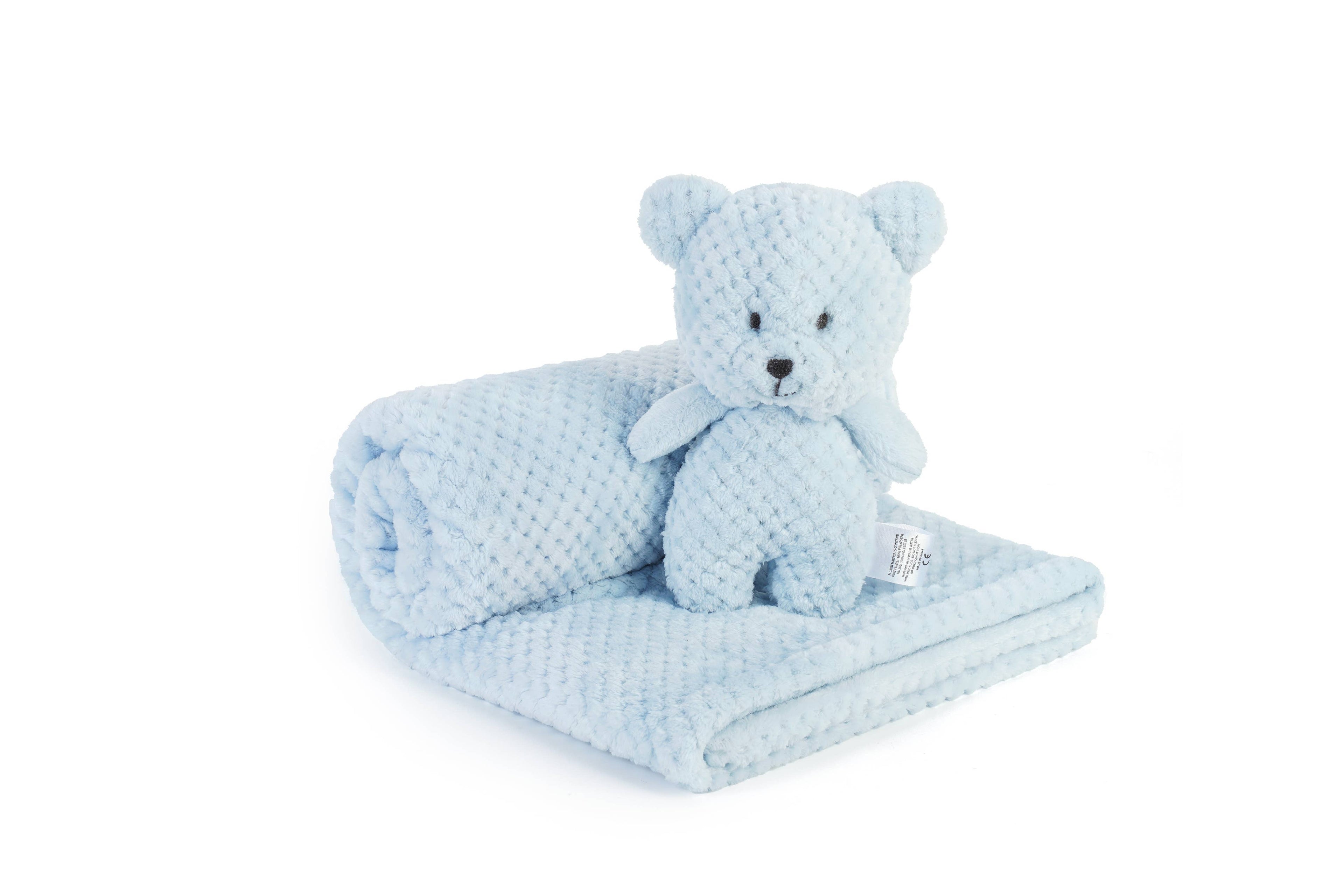 Blue Baby Blanket with Bear Plush Toy