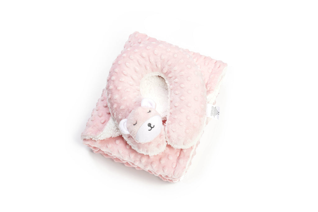 Pink Sleepy Bear Baby Blanket & Neck Pillow Set
