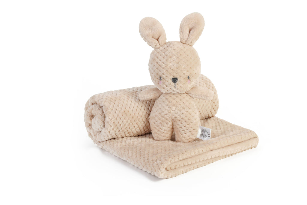 Beige Baby Blanket with Bunny Plush Toy