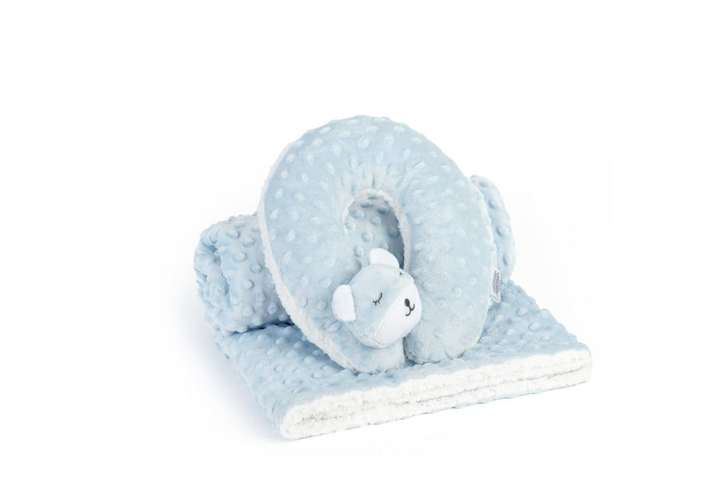 Blue Sleepy Bear Baby Blanket & Neck Pillow Set