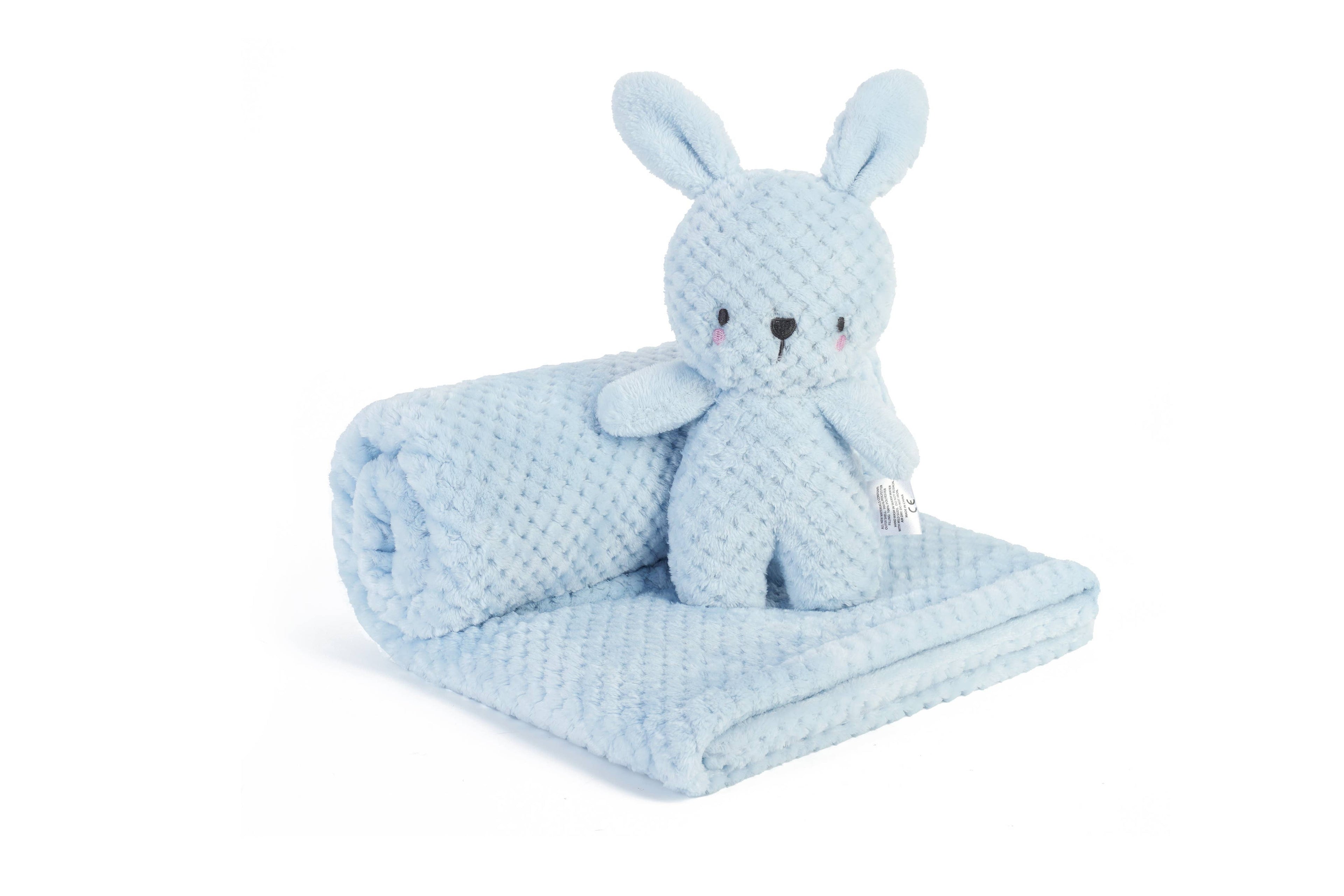 Blue Baby Blanket with Bunny Plush Toy